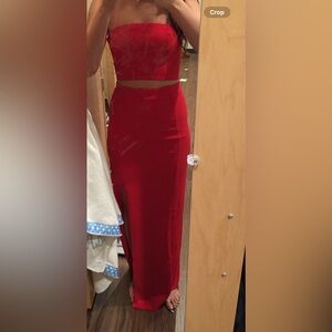 Two piece strapless top and floor length skirt in red size small.